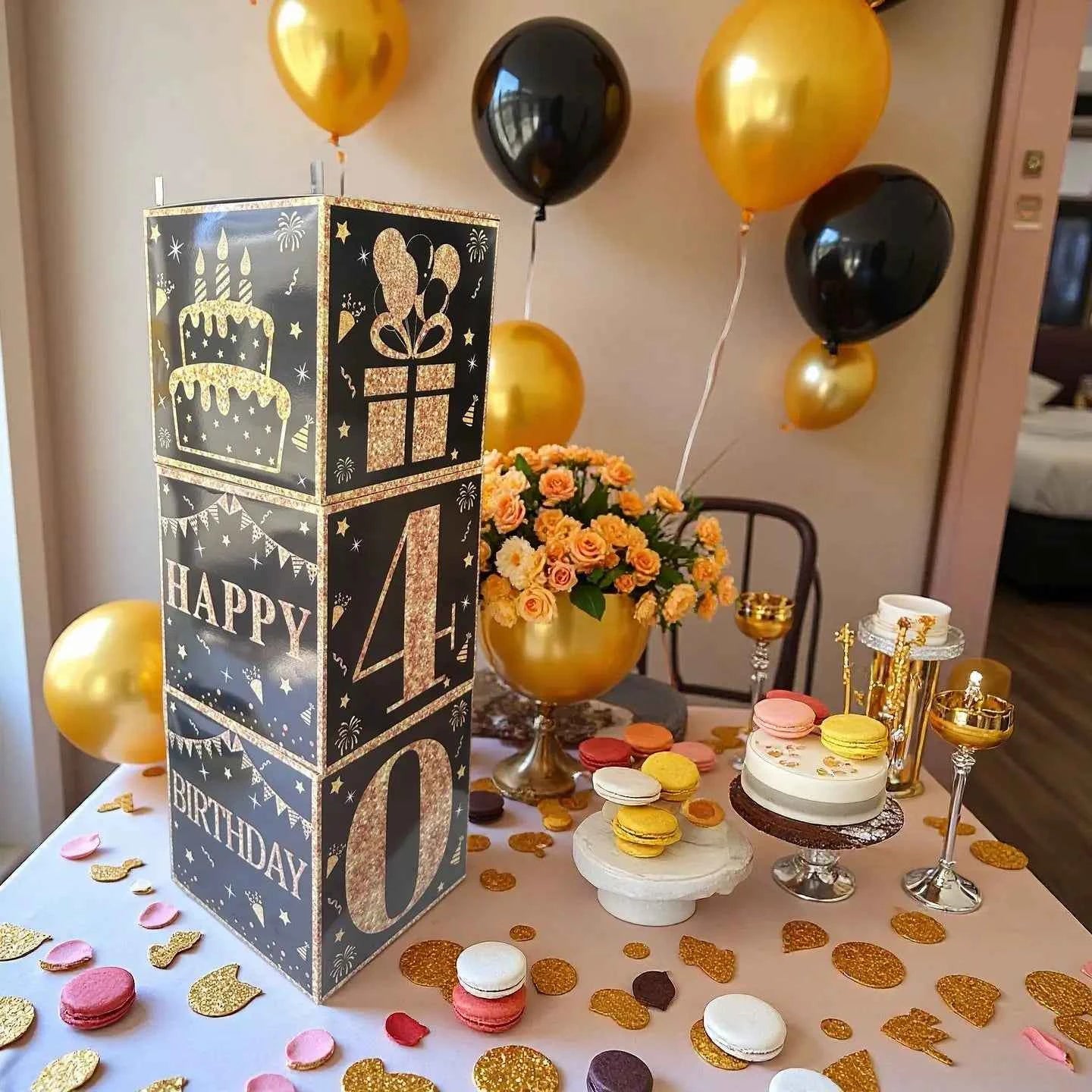 40th Birthday Party Gold Black Birthday Number Paper Box Banner Balloons Birthday Party 40 Year Old Birthday Party Decoration