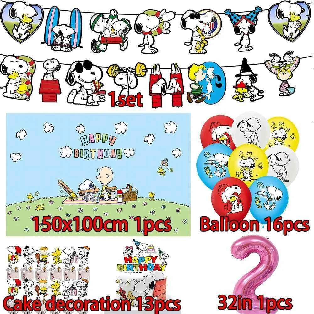 Cartoon Snoopys Birthday Decoration Set Banners Cake Toppers Balloons Backdrops Kids Birthday Gifts Baby Shower Party Supplies