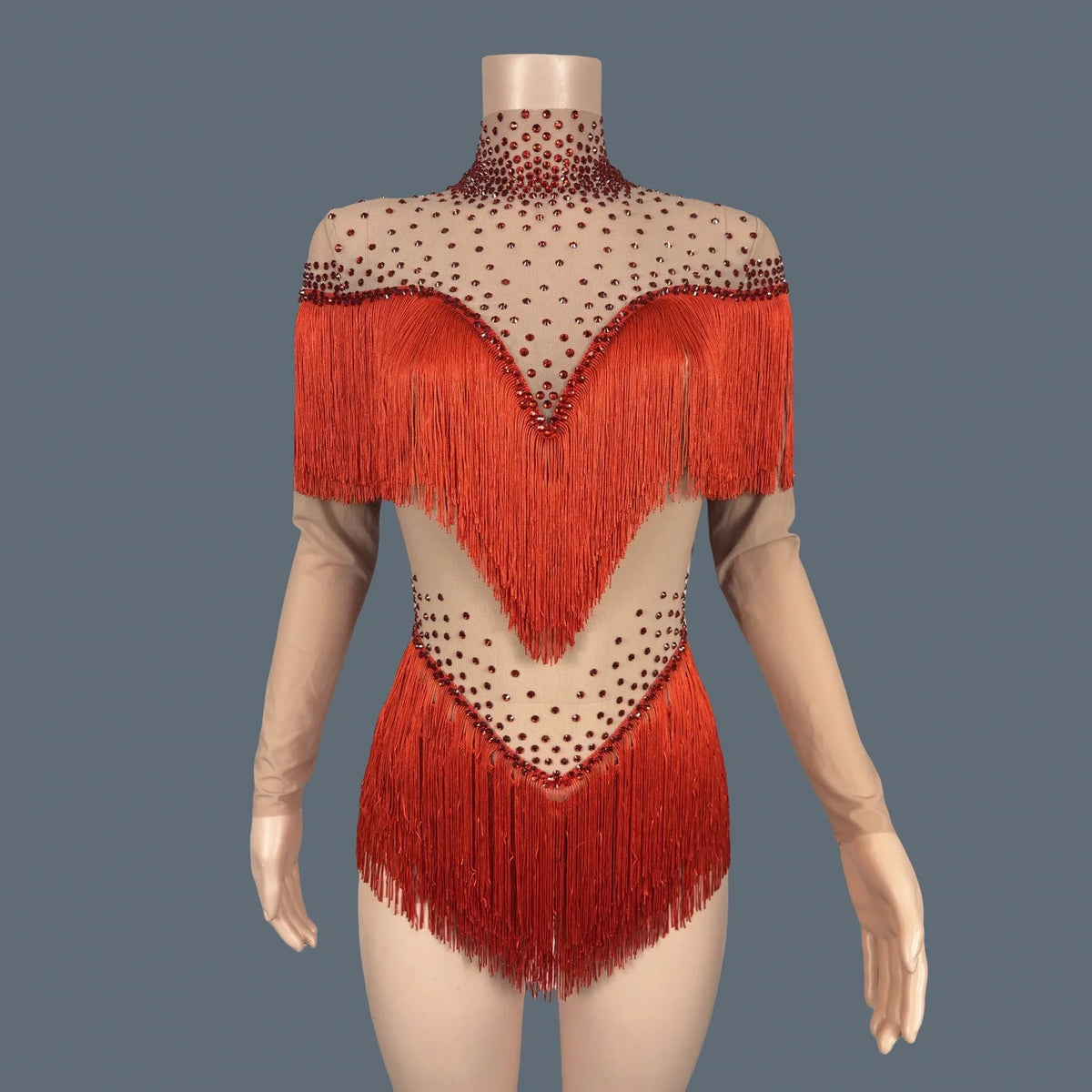 Sparkly Rhinestone Tassel Fringe Dance Performance Costume Stage Bodysuit