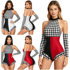 Circus Harlequin Clown Plaid Halter Bodysuit & Arm Sleeves 2-Piece Cosplay Costume Set
