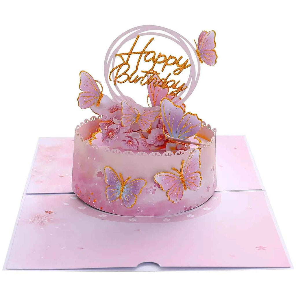 Birthday Pop Up Card: 3D Butterfly Cake & Cherry Blossom Design with Envelope