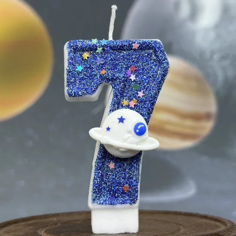 Boys Birthday Number Candle Cake Topper Blue Planetary Universe Children Baby Party One Year Old Dessert Decor Baking Supplies