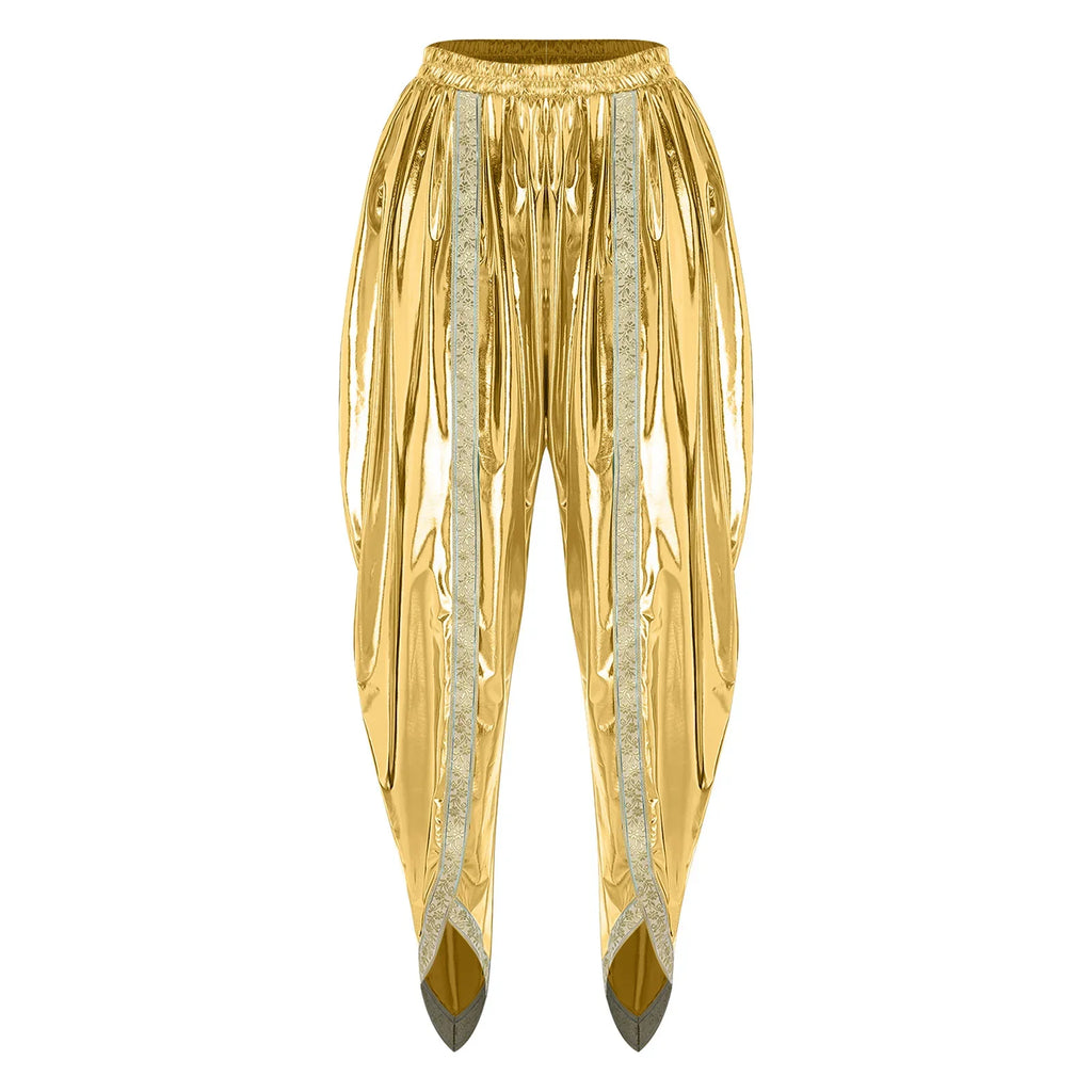 Men's Metallic Shiny Harem Dhoti Pants Gold Brocade Trim Prince Cosplay Costume