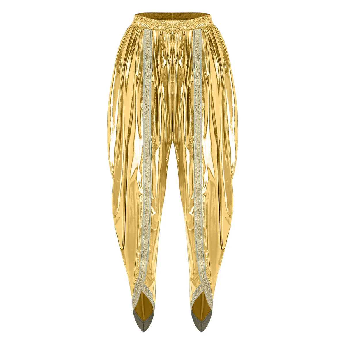 Men's Metallic Shiny Harem Dhoti Pants Gold Brocade Trim Prince Cosplay Costume