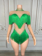 Sparkly Rhinestone Tassel Fringe Dance Performance Costume Stage Bodysuit