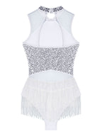 Women Sequins Diamond Latin Jazz Dance Costume Sleeveless Cutout Back Flowy Tassel Dress Leotard Tango Cha-Cha Samba Dancewear