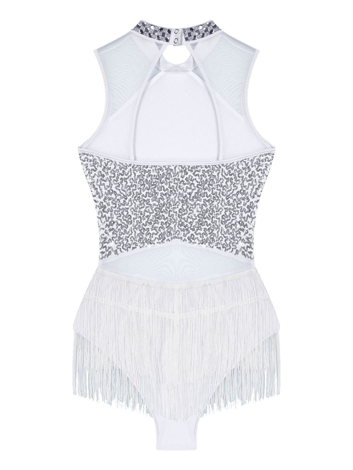 Women Sequins Diamond Latin Jazz Dance Costume Sleeveless Cutout Back Flowy Tassel Dress Leotard Tango Cha-Cha Samba Dancewear