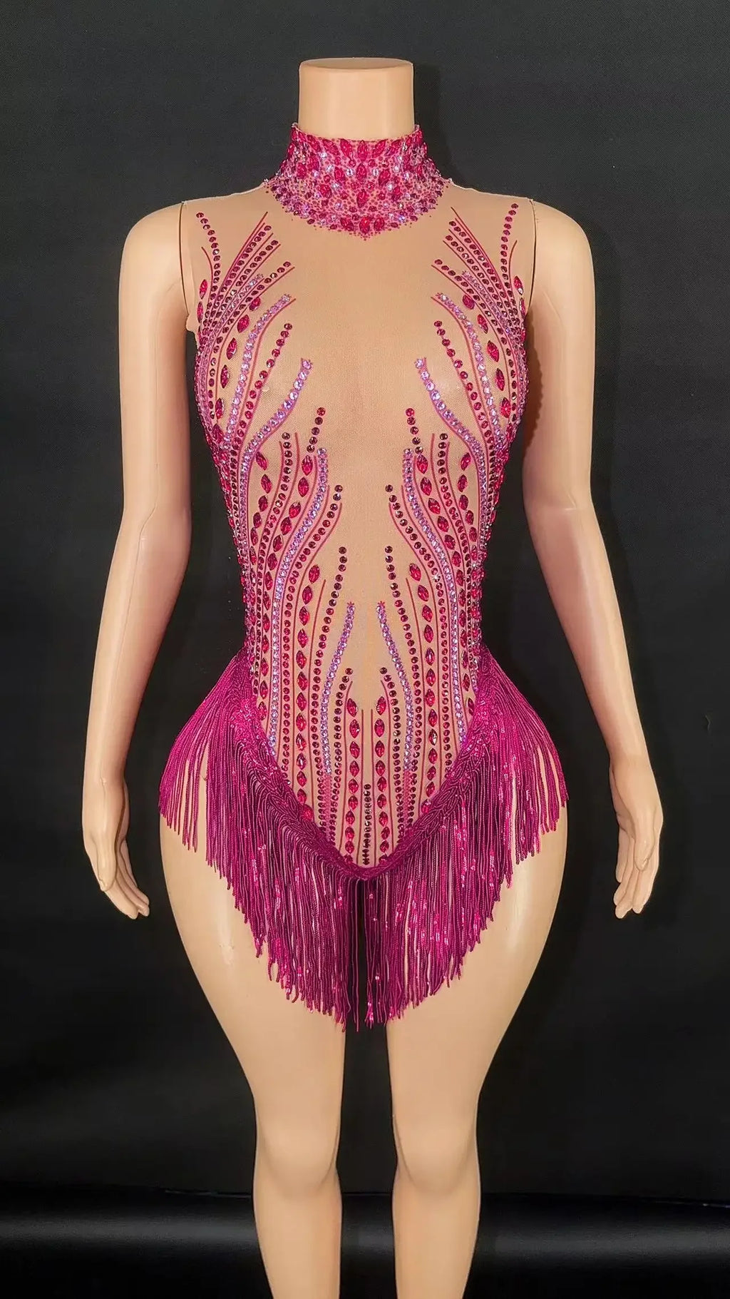Sparkly Rhinestone, Sequin & Fringe Sleeveless Bodysuit Stage Performance Costume