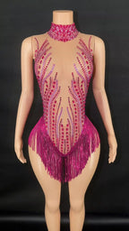 Sparkly Rhinestone, Sequin & Fringe Sleeveless Bodysuit Stage Performance Costume