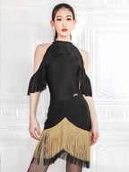 Black High-Neck Short-Sleeve Bodysuit & Gold Fringe Skirt Latin Dance Costume Set