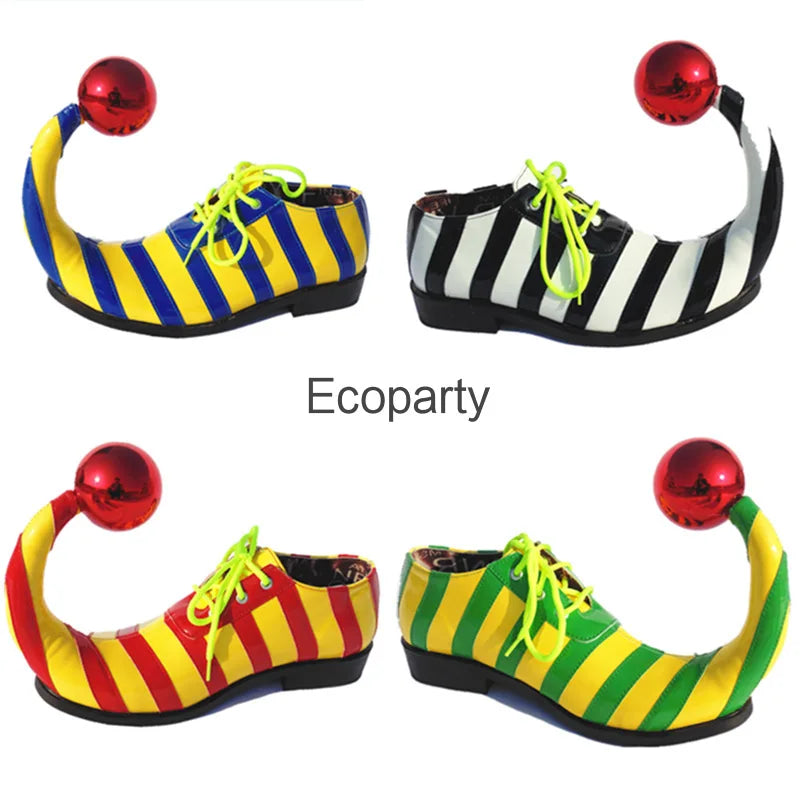 Adults Halloween Clown Cosplay Shoes Funny Circus Club Clown Performance Stripe Clown Shoes With Red Ball Carnival Cosplay Shoes - Big Tim's Magic Emporium