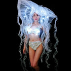 Pearl & Crystal Bustier Bikini Set & LED Illuminated Jellyfish Tentacle Headdress Stage Costume