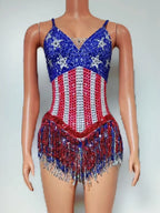 Sparkly Patriotic Rhinestone Sequin Tassel Bodysuit Americana Stage Leotard