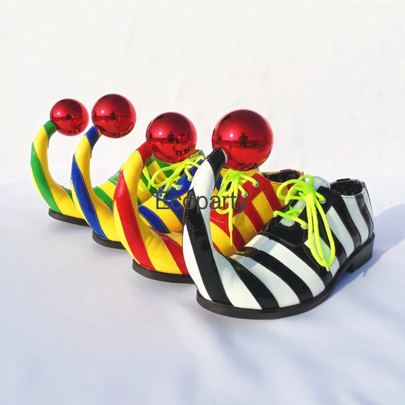 Adults Halloween Clown Cosplay Shoes Funny Circus Club Clown Performance Stripe Clown Shoes With Red Ball Carnival Cosplay Shoes - Big Tim's Magic Emporium