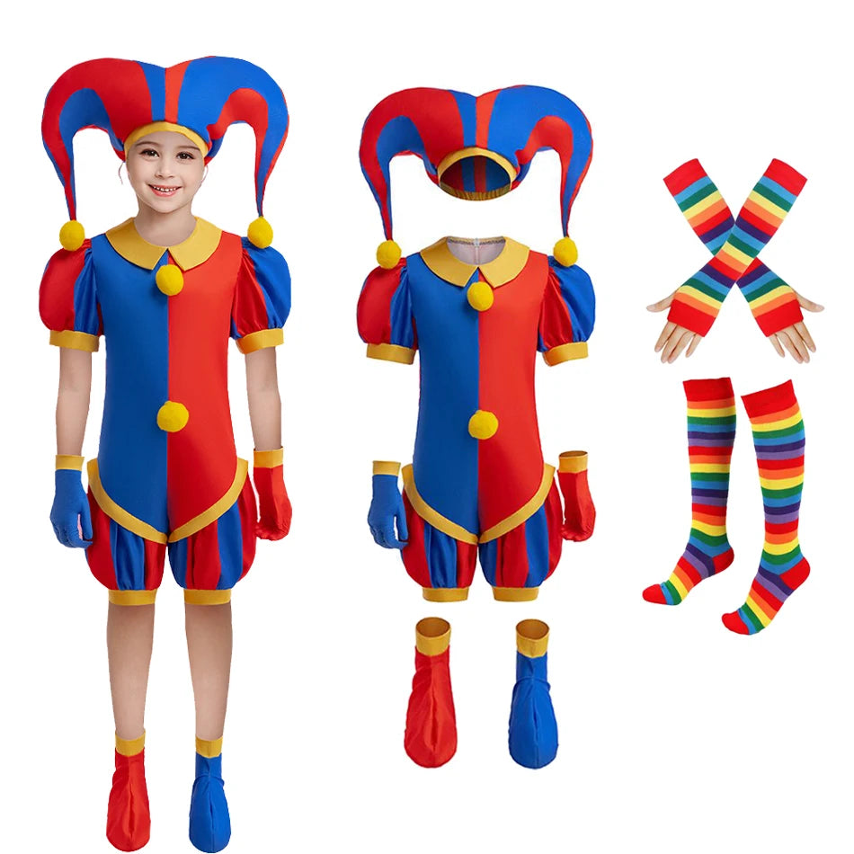 Boys Girls Clown Cosplay Costume Kids Pom Pom Jester Outfit for Halloween Carnival Show - Big Tim's Magic Emporium