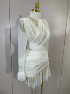 White High Collar Long Sleeve Solid Mesh Sexy See Through Ruffle Mini Dress