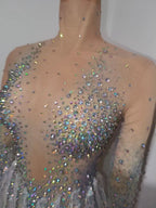 Iridescent Crystal Tassel Long Sleeve Sheer Mesh Stage Bodysuit Costume