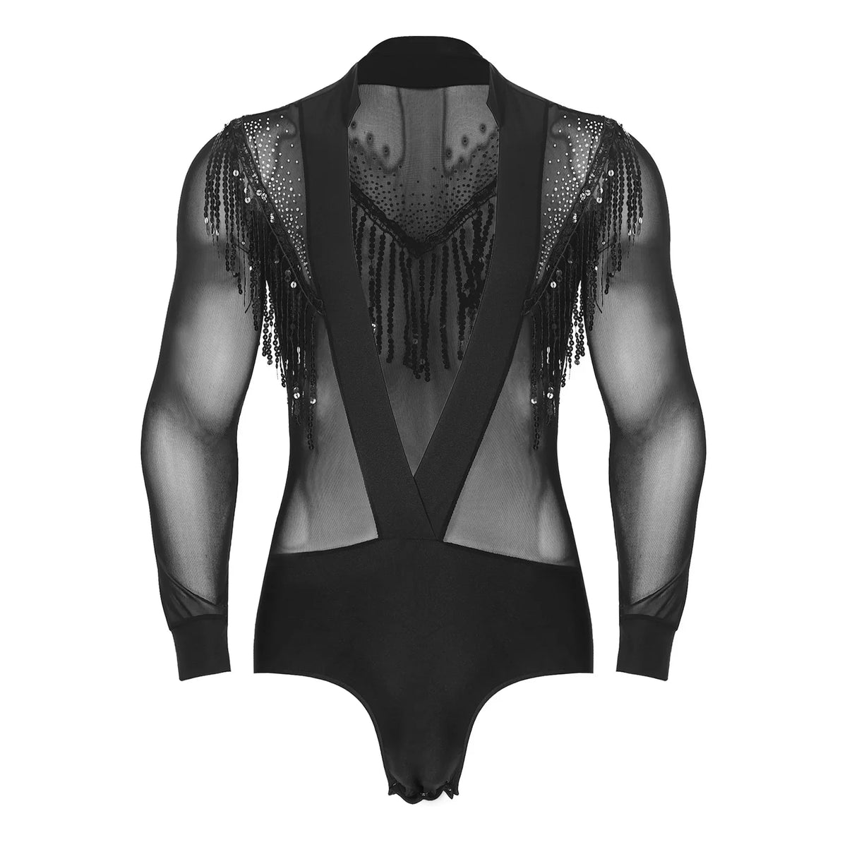 Men's Latin Salsa Sequin Tassel & Rhinestone V-Neck Performance Leotard Bodysuit