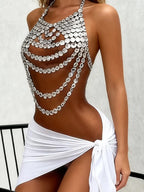 Sparkly Crystal Mesh Halter Crop Top & Body Chain Lingerie Vest
