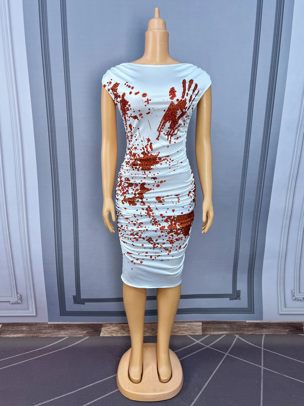 Blood Splatter Rhinestone Ruched Midi Dress Sleeveless Halloween Stage Costume