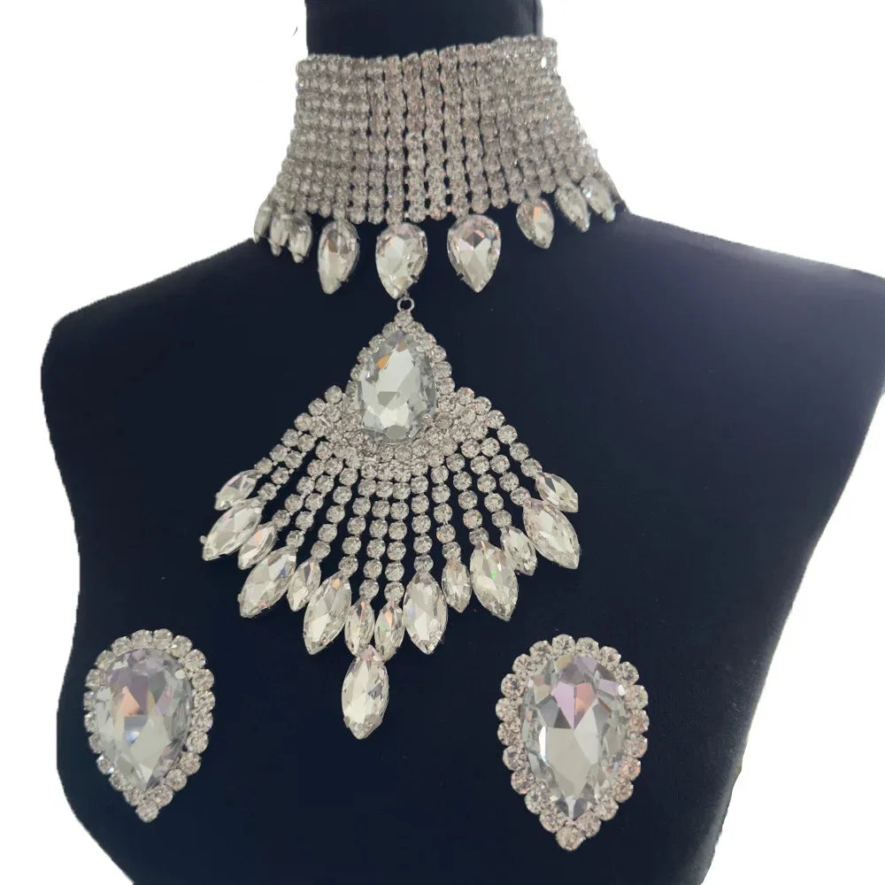 Oversized Crystal Rhinestone Tassel Choker & Earrings Drag Queen Jewelry Set