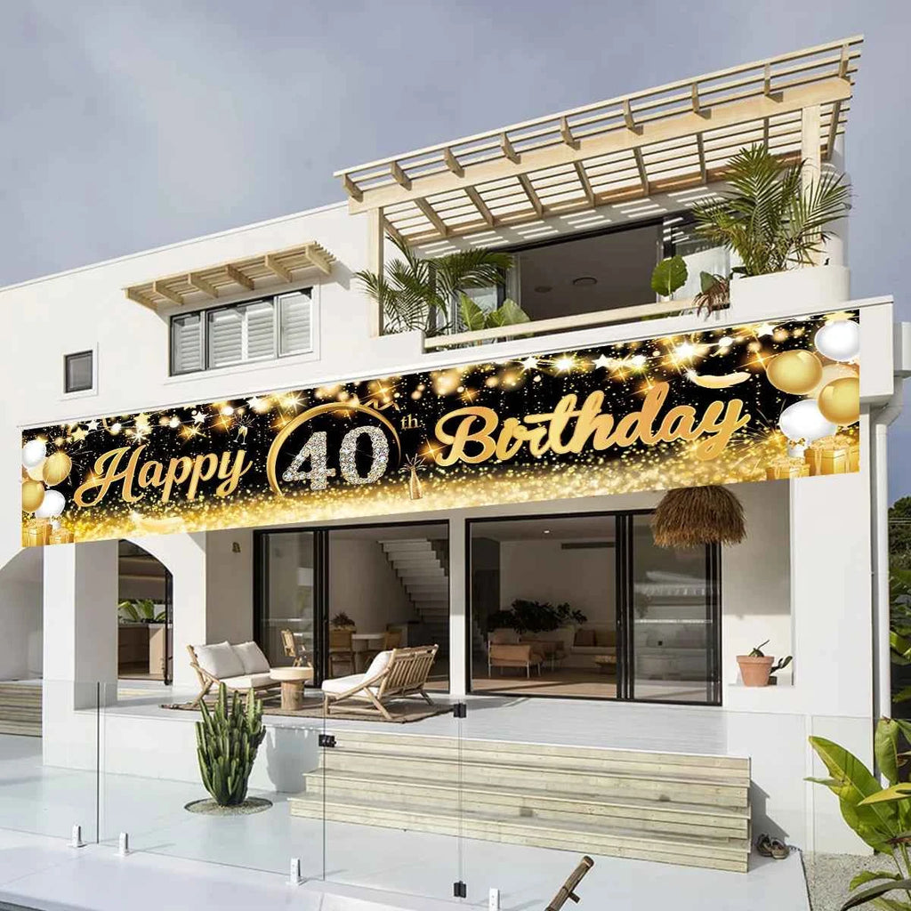 Black Gold Happy Birthday Banner Balloon Flag Adult 30th 40th 50th 60th Birthday Party Decoration Supplies Bunting Anniversary