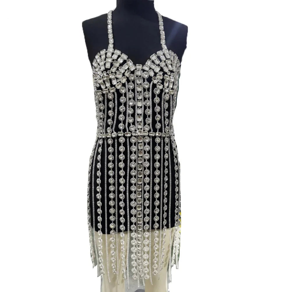 Sparkly Glass Crystal Tassel Body Chain Dress Drag Queen Stage Backless Mini Skirt