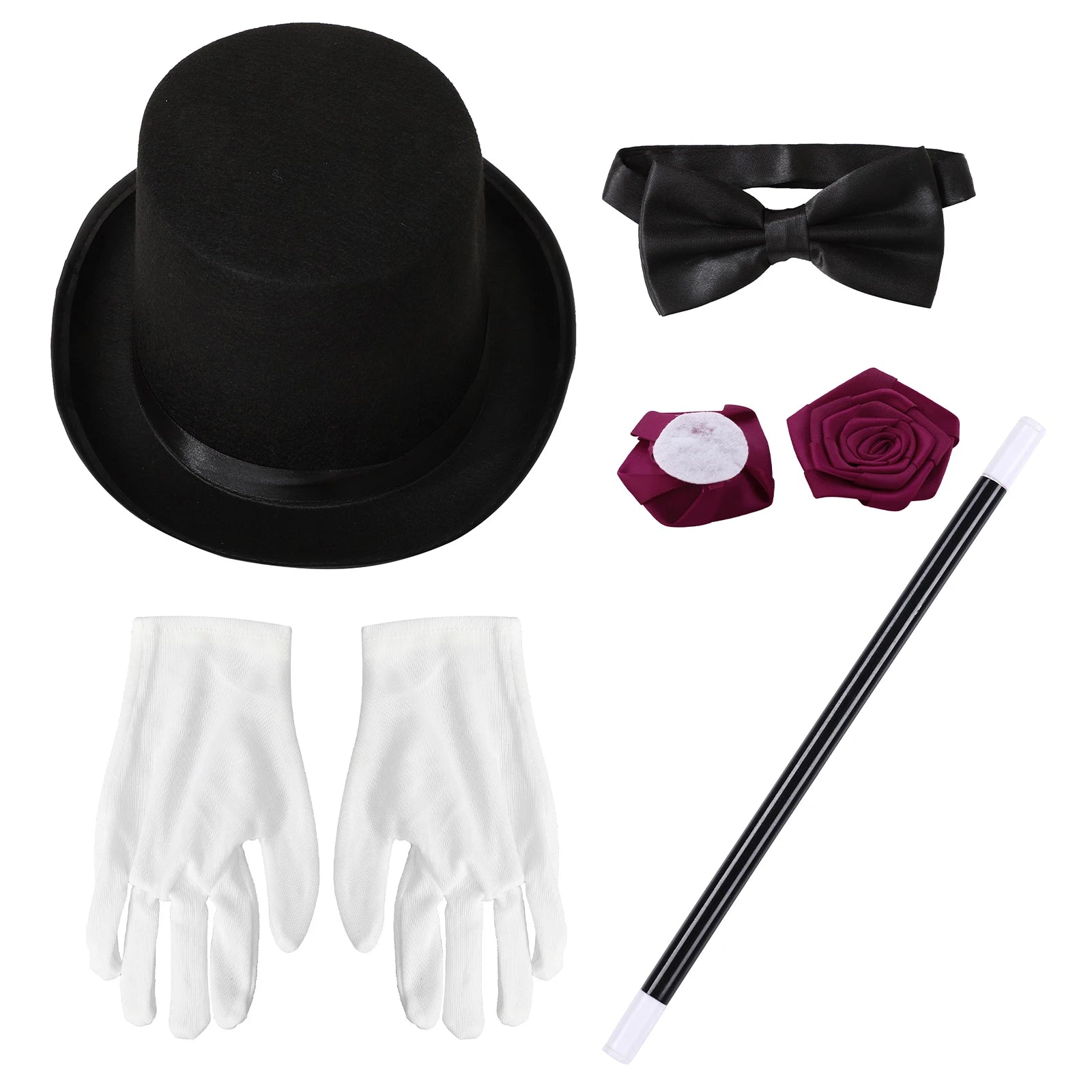 Halloween Magician Costume Accessories Bowler Hat Gloves Satin Bow Tie Ribbon Roses And Magic Wand Props for Masquerade Party - Big Tim's Magic Emporium