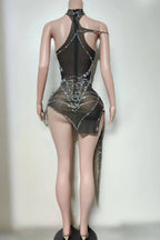 Sparkly Silver Rhinestone Spider Web Mesh Stage Performance Costume Set