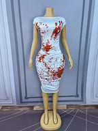 Blood Splatter Rhinestone Ruched Midi Dress Sleeveless Halloween Stage Costume