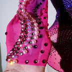 Luxury Pink Rhinestone long sleeve bodysuit Dancer Stage Wear Perform Show Girl Sheer Drag Queen Outfit Bar Nightclub