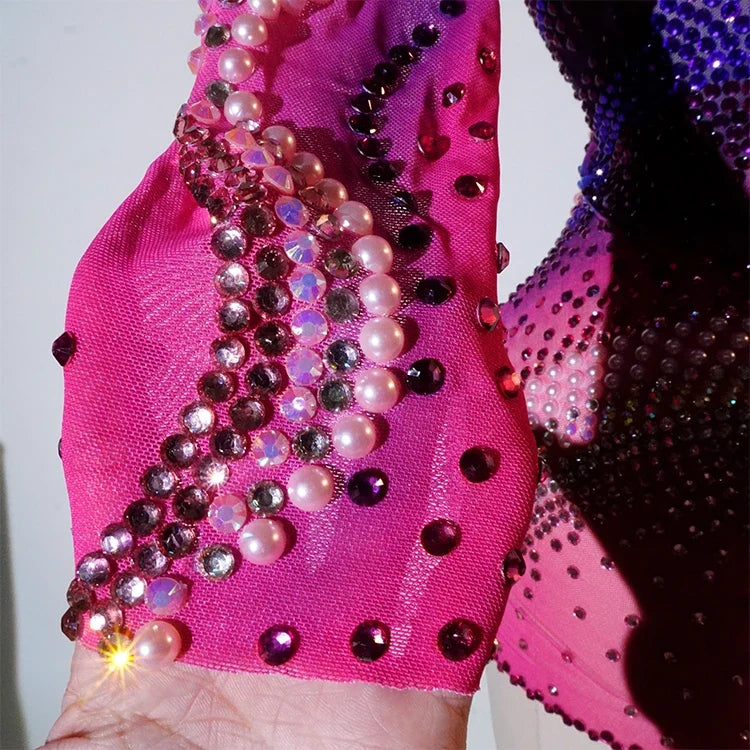 Luxury Pink Rhinestone long sleeve bodysuit Dancer Stage Wear Perform Show Girl Sheer Drag Queen Outfit Bar Nightclub