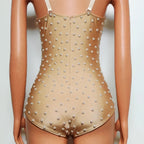 Pearl Encrusted Nude Illusion Bodysuit Sparkly Stage Dance Leotard Costume