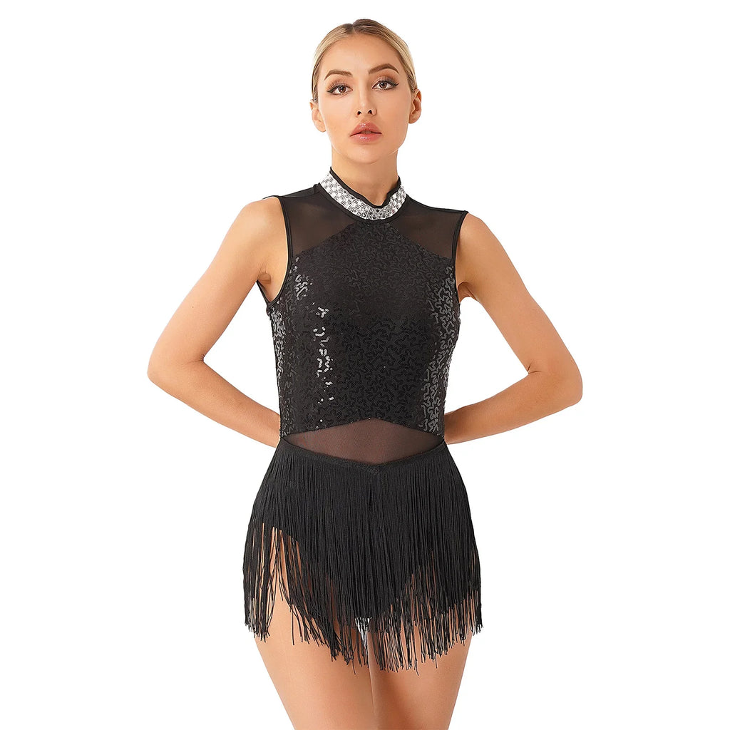 Women Sequins Diamond Latin Jazz Dance Costume Sleeveless Cutout Back Flowy Tassel Dress Leotard Tango Cha-Cha Samba Dancewear