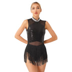 Women Sequins Diamond Latin Jazz Dance Costume Sleeveless Cutout Back Flowy Tassel Dress Leotard Tango Cha-Cha Samba Dancewear