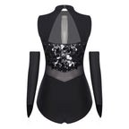 Sparkly Sequin Mock Neck Dance Leotard & Gloves Two-Piece Bodysuit Set