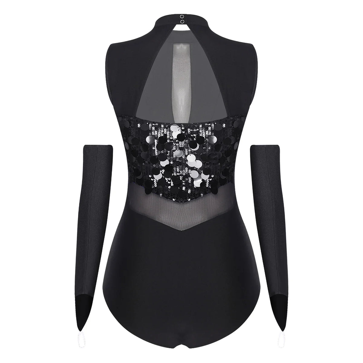 Sparkly Sequin Mock Neck Dance Leotard & Gloves Two-Piece Bodysuit Set