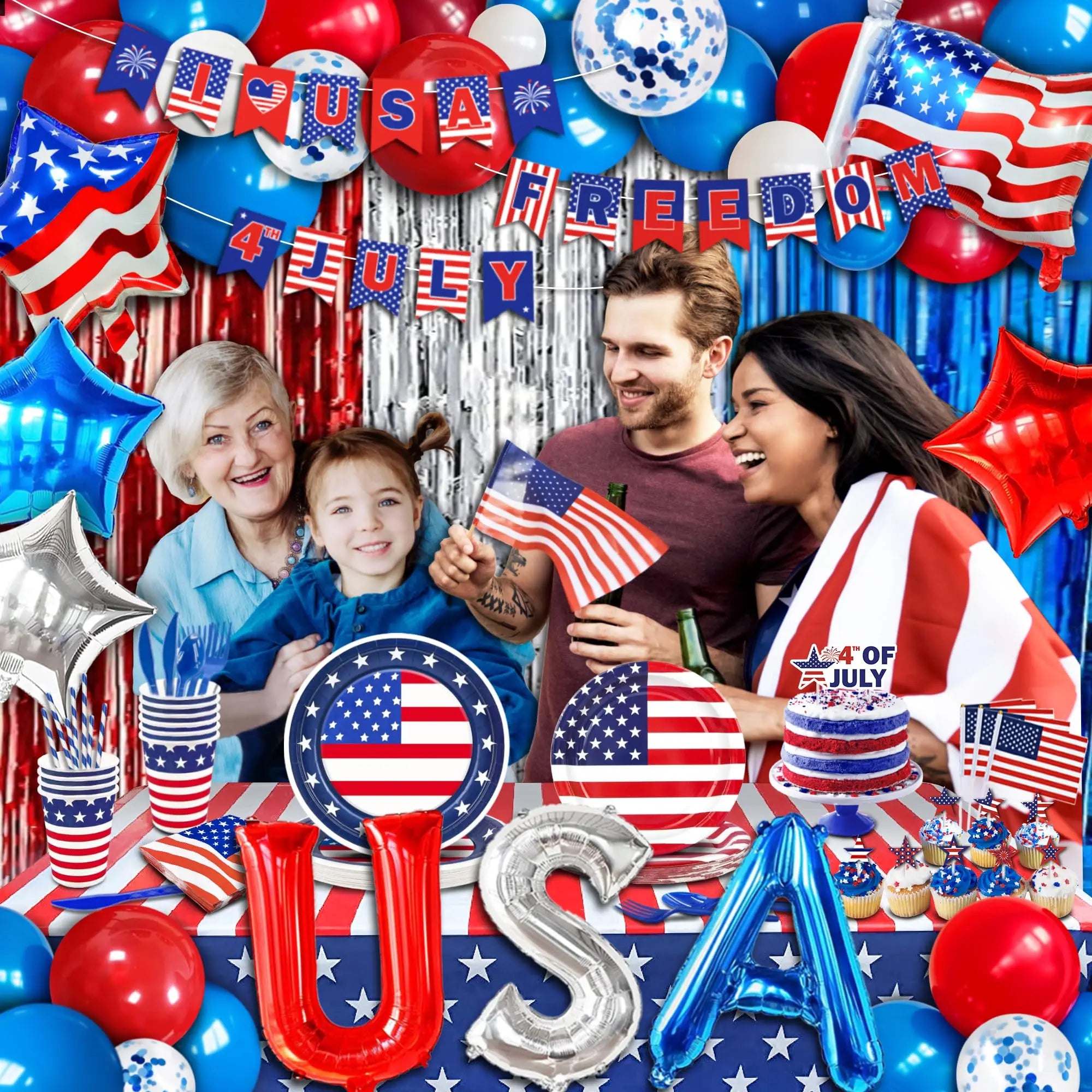 American Party Decorations Independence Day Supplies Banner Balloons Plates For USA 4th Of July Patriotic Theme Party Supplies