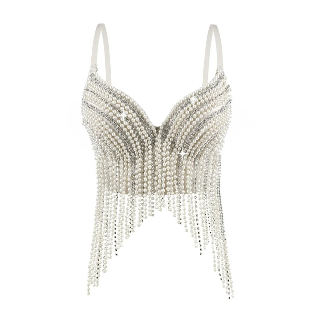 Rhinestone & Bead Tassel Push-Up Underwire Bustier Crop Top