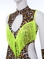 Leopard Cutout Bodysuit & Fringe Sleeves 2-Piece Latin Ballroom Stage Costume Set