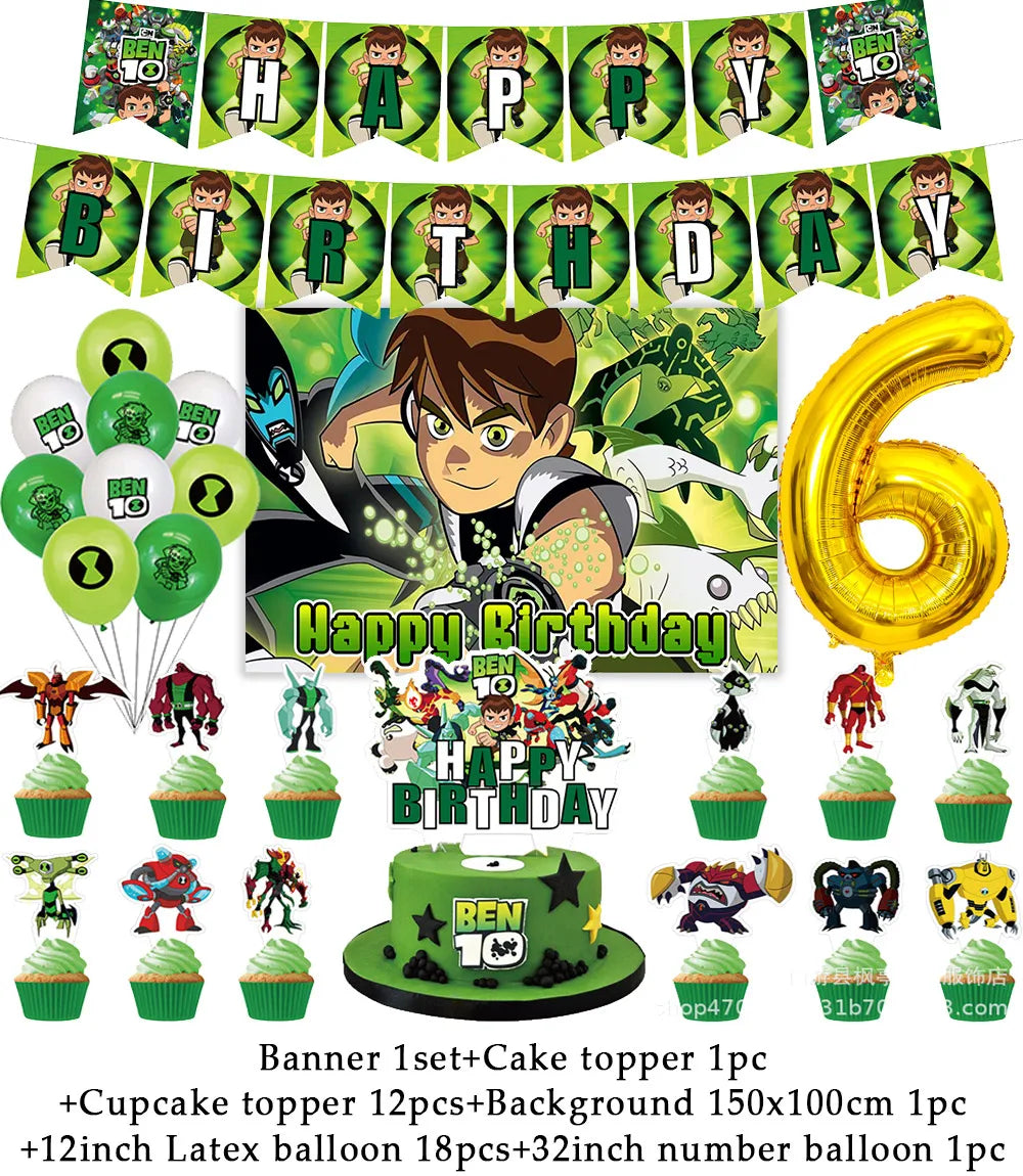 Cartoon Ben-10 Birthday Party Decoration Balloons Favor Set Banner Cake Toppers Baby Shower Boys Gift Party Supplies Photo Prop