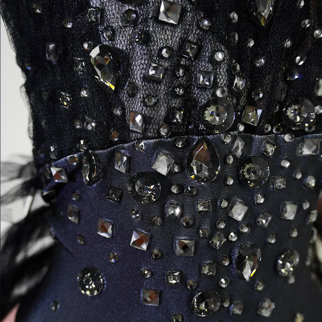 Black Rhinestone One-Shoulder Bodysuit & Trailing Tulle Train Stage Costume Set