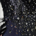 Black Rhinestone One-Shoulder Bodysuit & Trailing Tulle Train Stage Costume Set