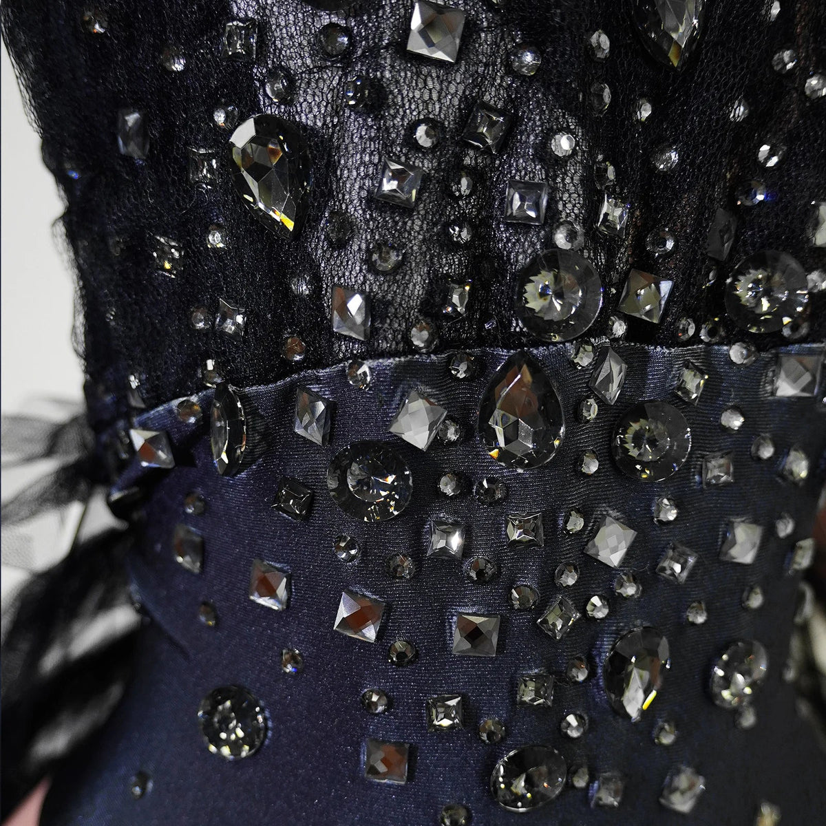 Black Rhinestone One-Shoulder Bodysuit & Trailing Tulle Train Stage Costume Set