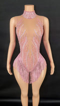 Sparkly Rhinestone, Sequin & Fringe Sleeveless Bodysuit Stage Performance Costume