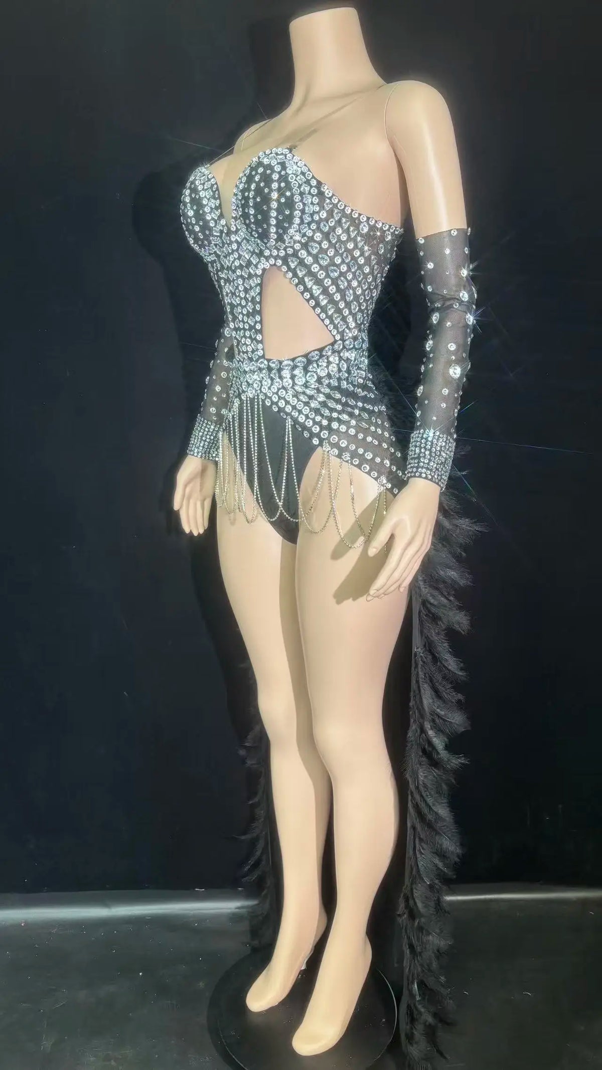 Rhinestone Chain Bodysuit with Detachable Feather Train & Sleeves 3-Piece Stage Costume Set