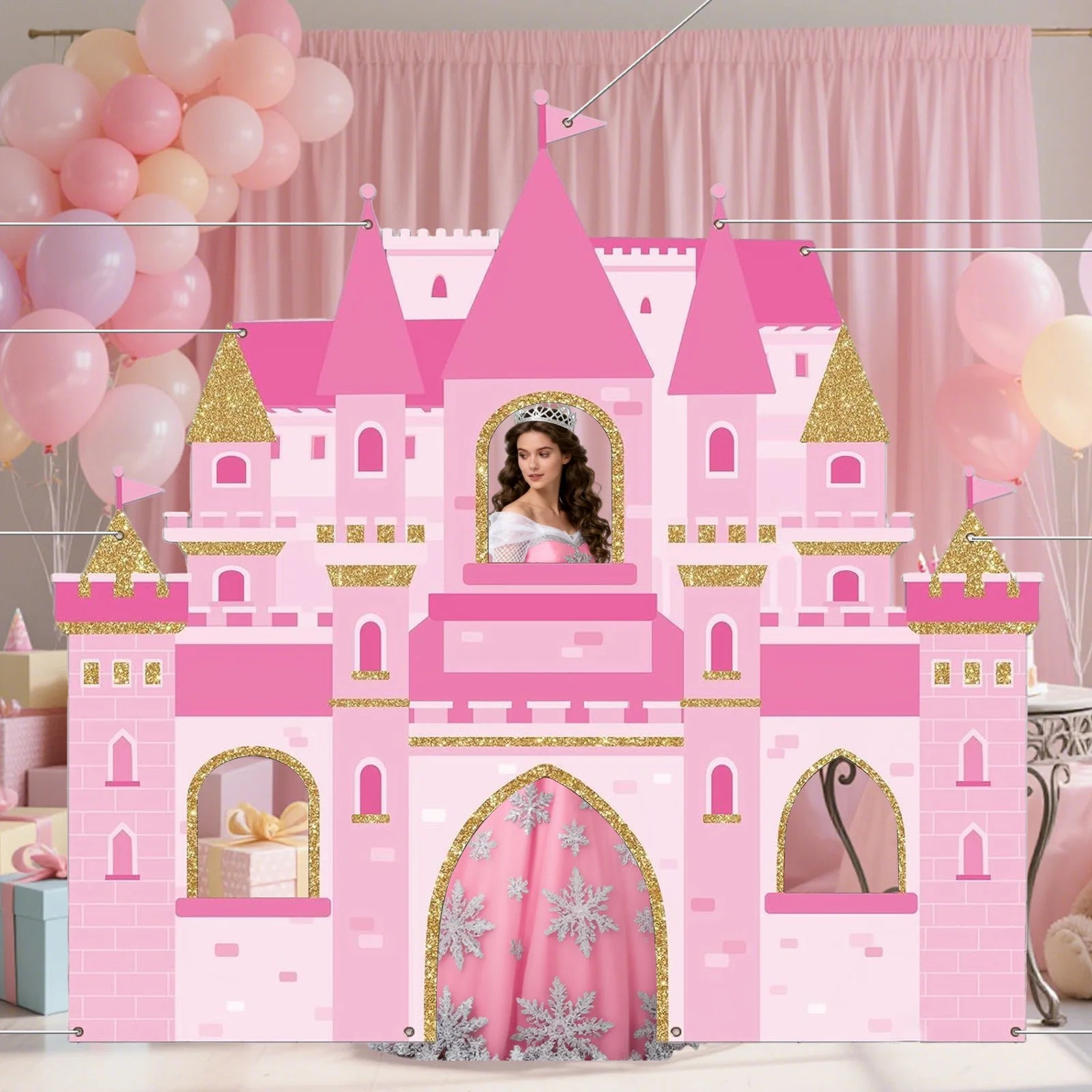 Pink Castle Party Photo Booth Props Princess Photograph Backdrop Pink Royal Castle Birthday Party Supplies Princess Themed Decor - Big Tim's Magic Emporium