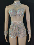 Luxurious AB Crystal Rhinestone Stage Dance Costume Illusion Romper