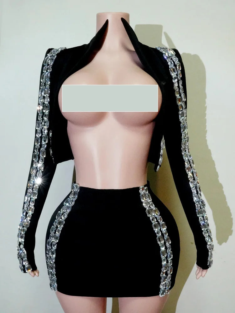 Crystal Rhinestone Halter Crop Top & Mini Skirt 2-Piece Stage Costume Set