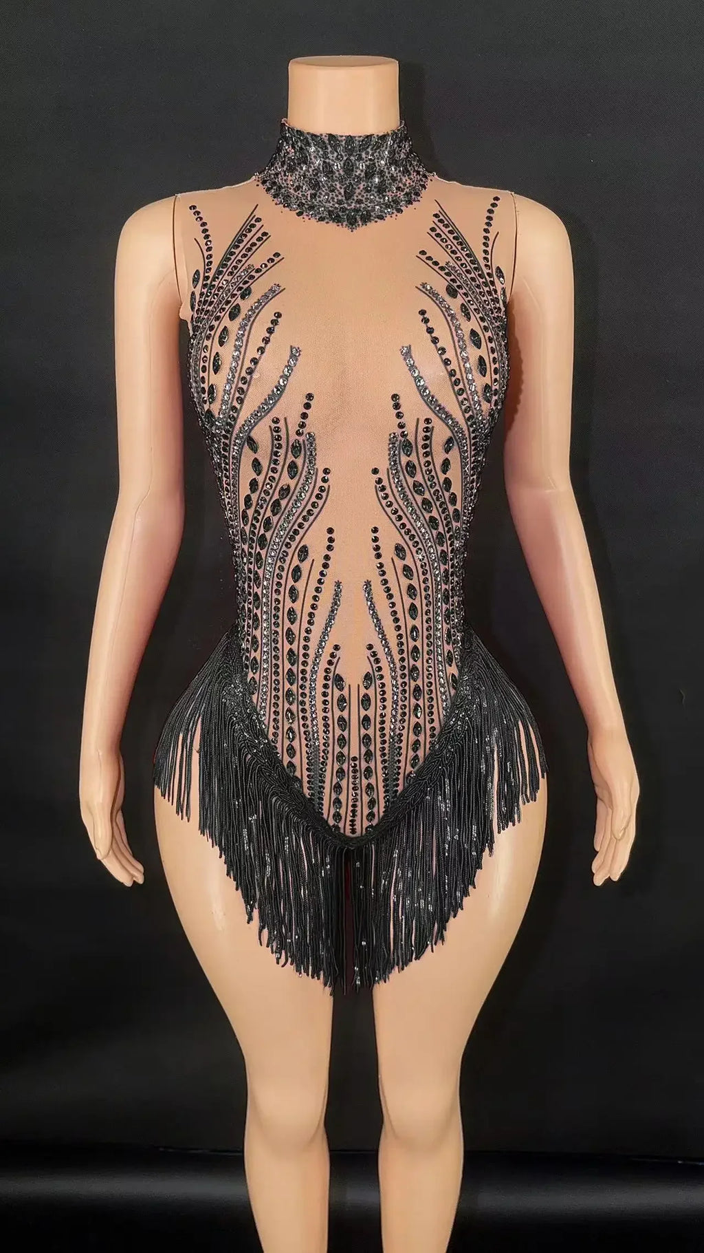 Sparkly Rhinestone, Sequin & Fringe Sleeveless Bodysuit Stage Performance Costume